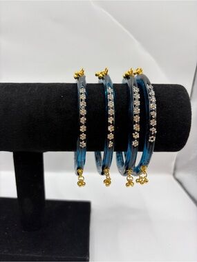 Blue Kundan Floral Kashmiri Crystal Bangle Set - Women Jewelry